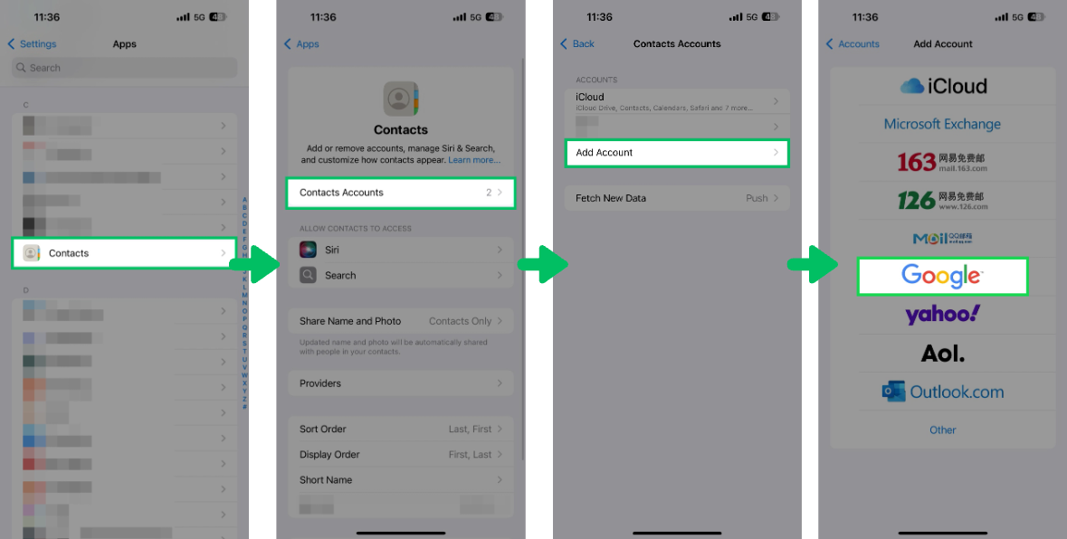 iPhone 设置 - 联系人账户